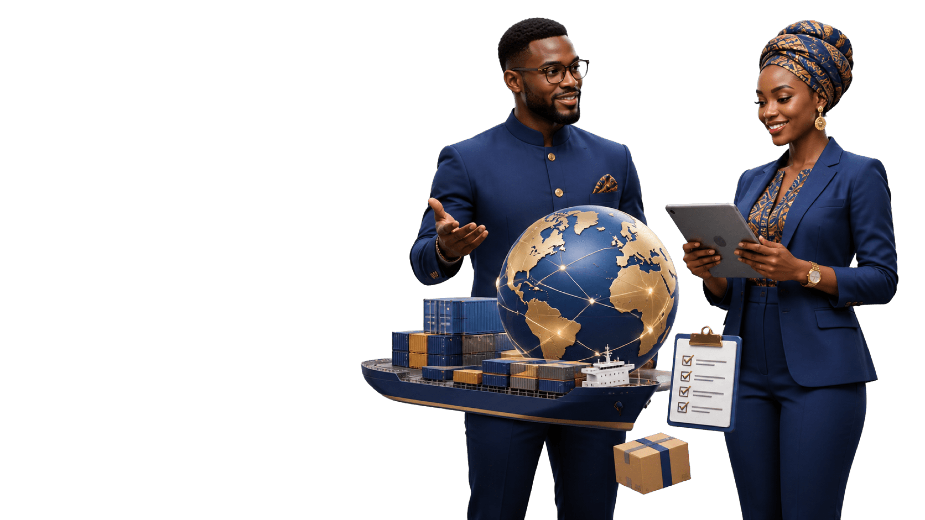 African sourcing professionals beside global trade logistics